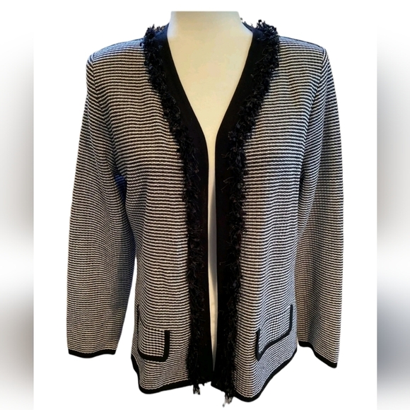 Exclusively Misook Petite Fringe Stripe Button Cardigan Jacket Topper S - Picture 1 of 4